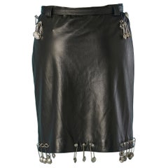 Vintage Iconic black leather skirt with safety pin Gianni Versace SS 1994