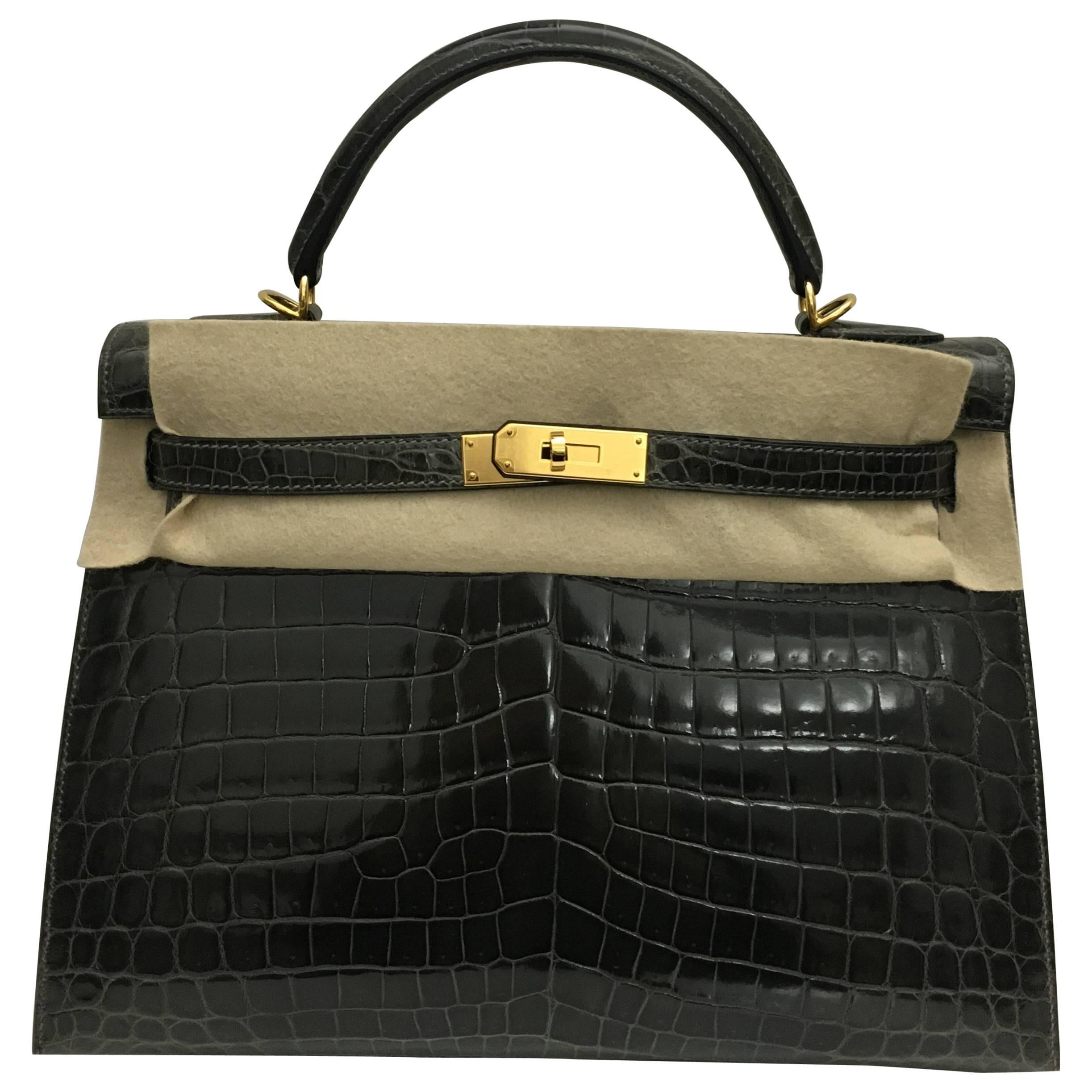 Brand New Hermes Kelly 32 Graphite Shiny Croc GHW For Sale