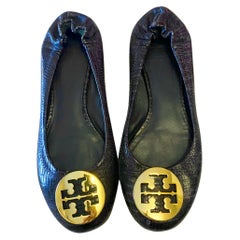 2000s Tory Burch Navy Blue Leather Minnie Ballet Flats Size 37.5
