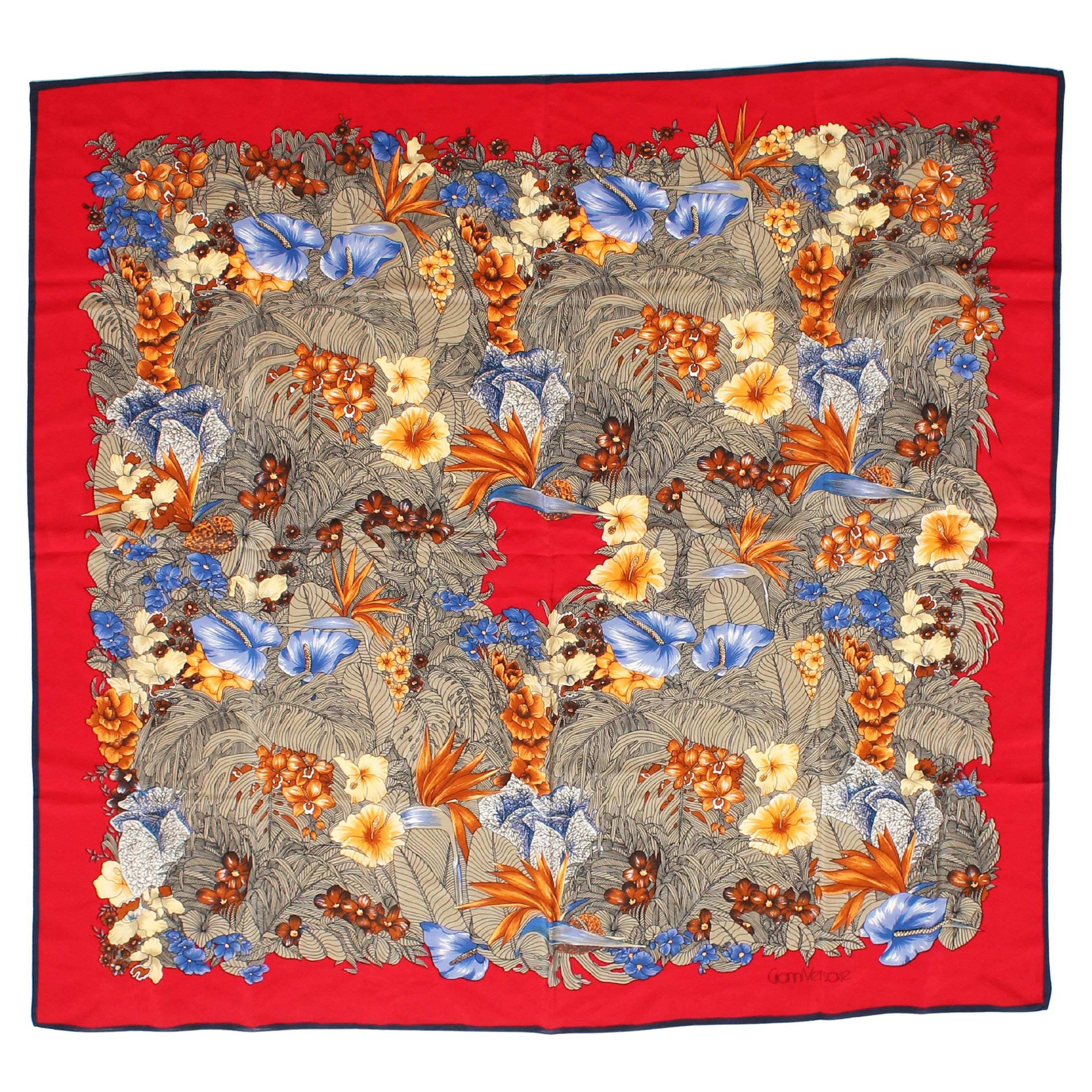 90s Versace Scarf Shawl Red Silk Bold Abstract Floral Print Large 35in Vintage For Sale