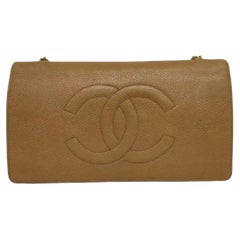 Chanel Cartera con Cadena Bolso Vintage Solapa Doble CC Piel Caviar Camel