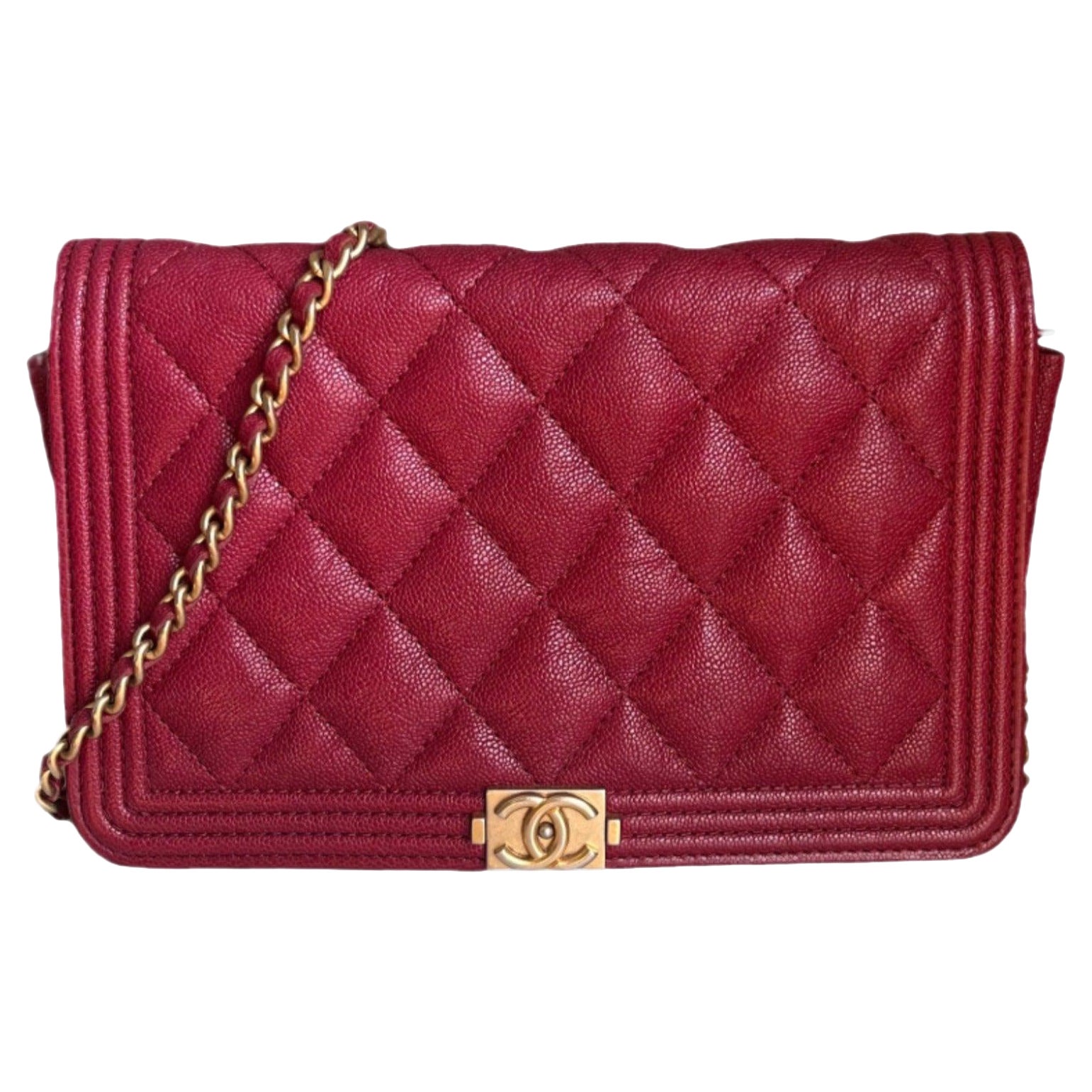 Chanel Wallet on Chain WOC Boy Red Caviar Leather with Antiqued Gold Hardware For Sale