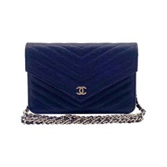 Chanel Chevron Wallet on Chain Navy Caviar Leather with Silver Hardware