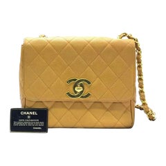 Chanel Classic Flap Vintage Camel Caviar Leather 24k Gold Plated Big CC Logo