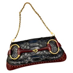 Gucci Horsebit 1955 Black Crocodile Skin, Burgundy Leather Based & Gold Hardware