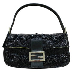 Fendi Baguette Black Beaded Shoulder Bag with Stones in Wave Pattern