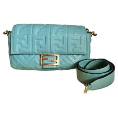 FENDI Baguette Turquoise Leather 3D FF Motif Crossbody bag