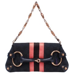 Gucci Horsebit 1955 Chain Shoulder bag Black monogram with Pink silk stripe