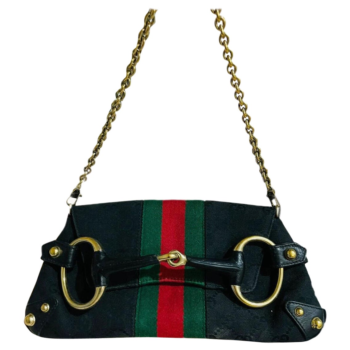 Gucci Horsebit 1955 Chain Cloth Black Gucci Monogram with Iconic Gucci Strip For Sale