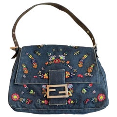 FENDI Mamma Baguette Blue Denim with Floral Beads