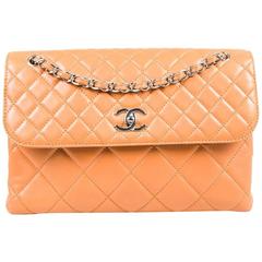 Chanel Tan Lambskin Leather Quilted "In The Business" Chain Link Strap Bag
