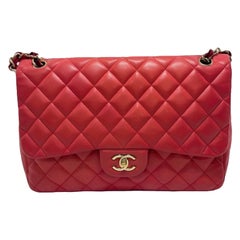 Chanel Classic Flap 2009 Large Red Leather Gold Hardware Velvet Chain Strap