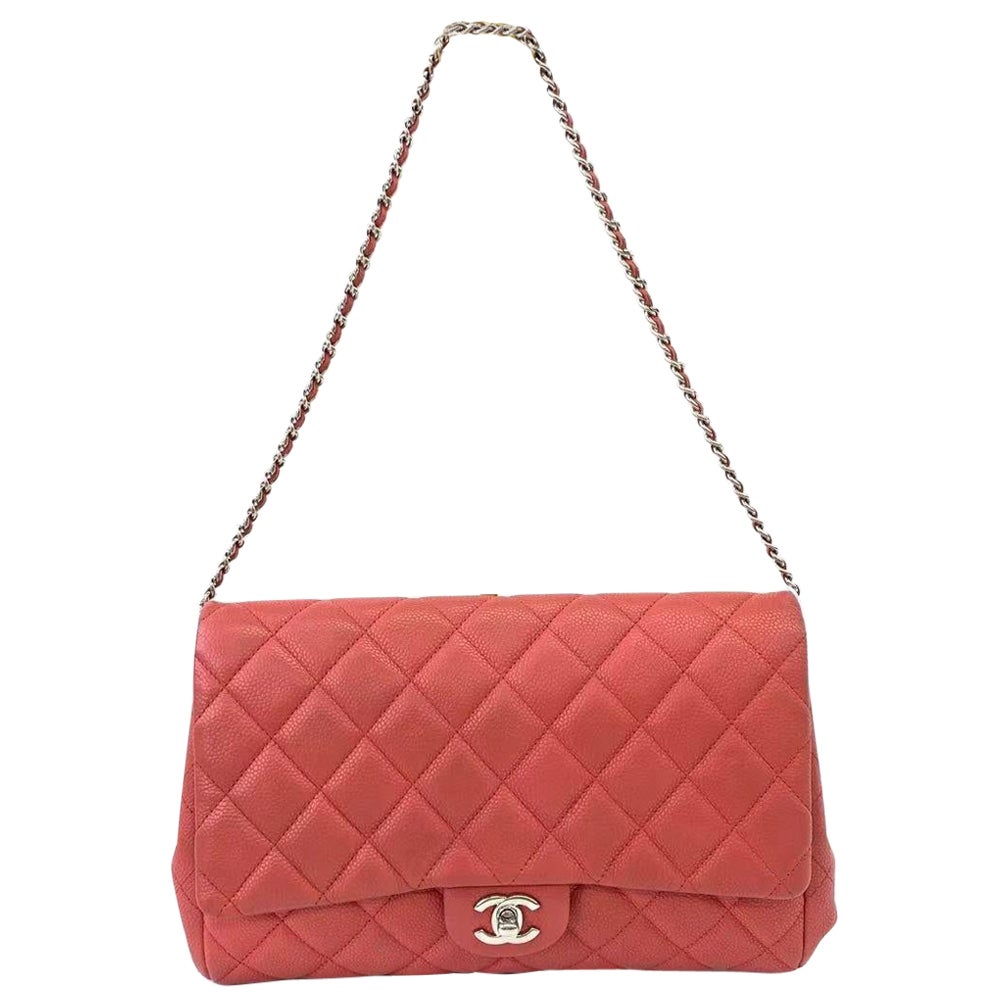 Chanel Envelope Clutch with Chains 2013 Shoulder Bag Coral Red Caviar Leather For Sale