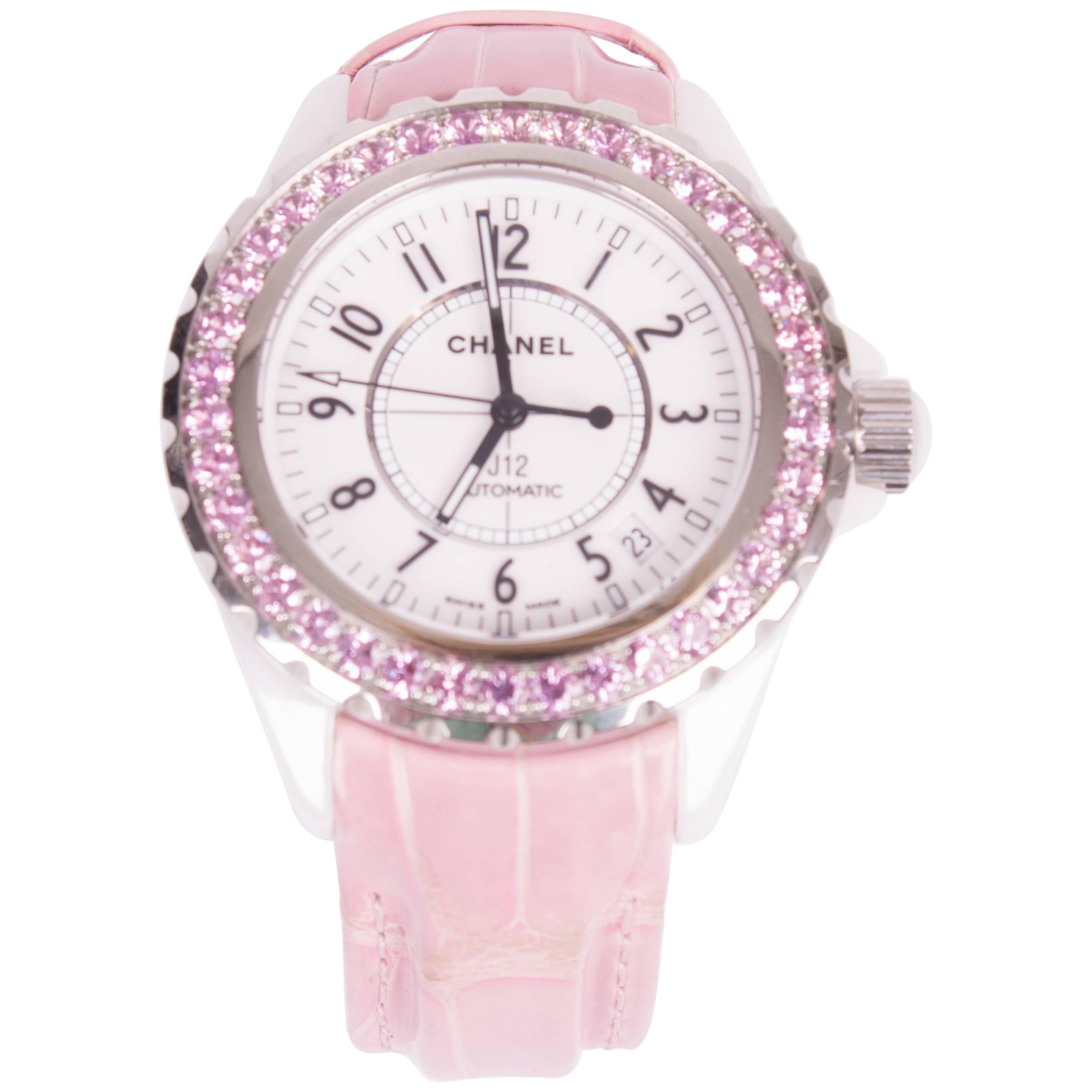 Chanel J12 Pink Sapphire Watch - pink crocodile strap