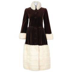 Vintage 1970 Norman Norell Documented Brown Velvet & Ivory-White Mink Fur Princess Coat