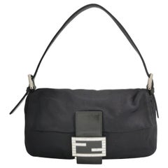 FENDI Baguette Black Silk Satin with Crystal Buckle Shoulder Bag