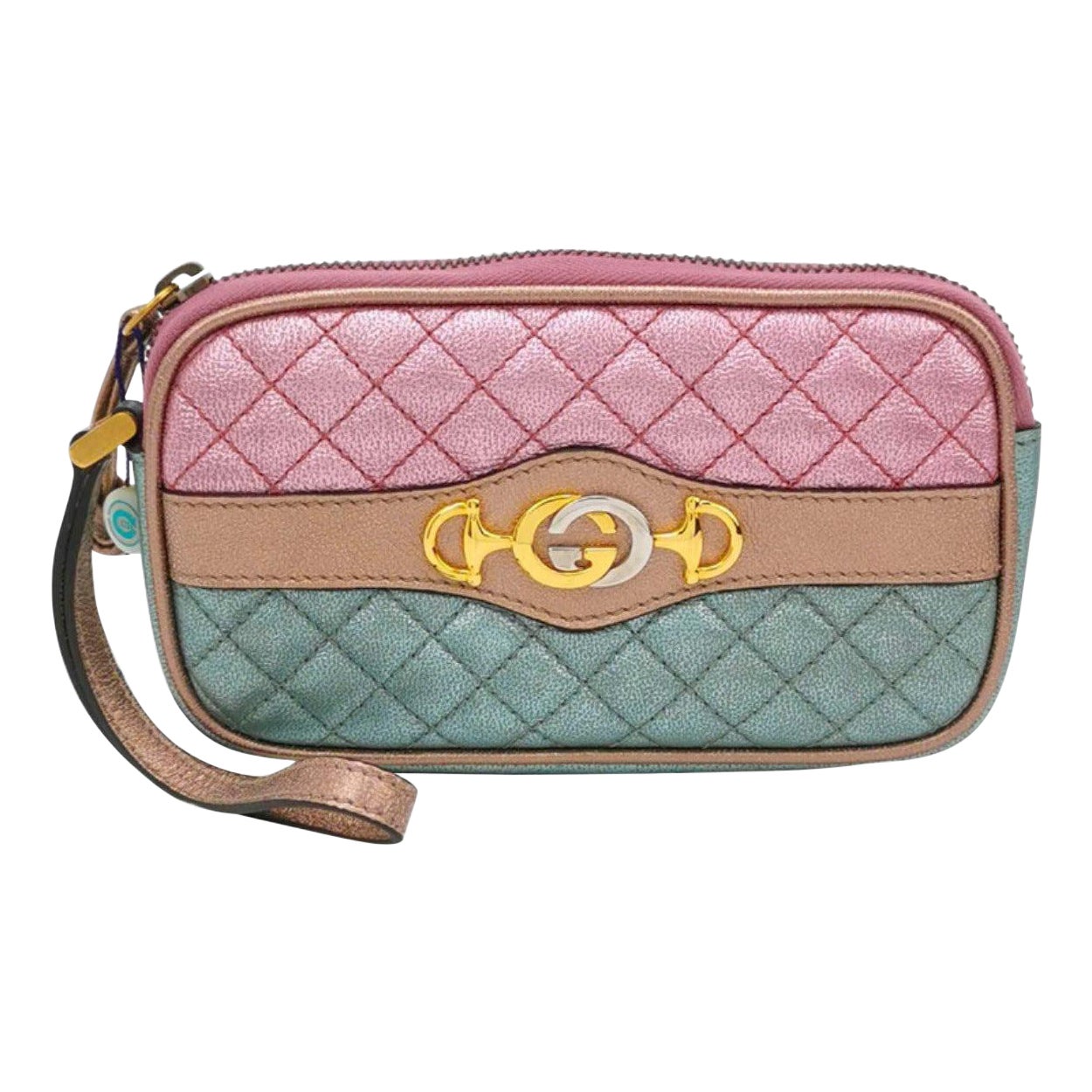 Gucci Pink Teal Mini Metallic Laminated Trapuntata Leather Horsebit Clutch Pouch For Sale