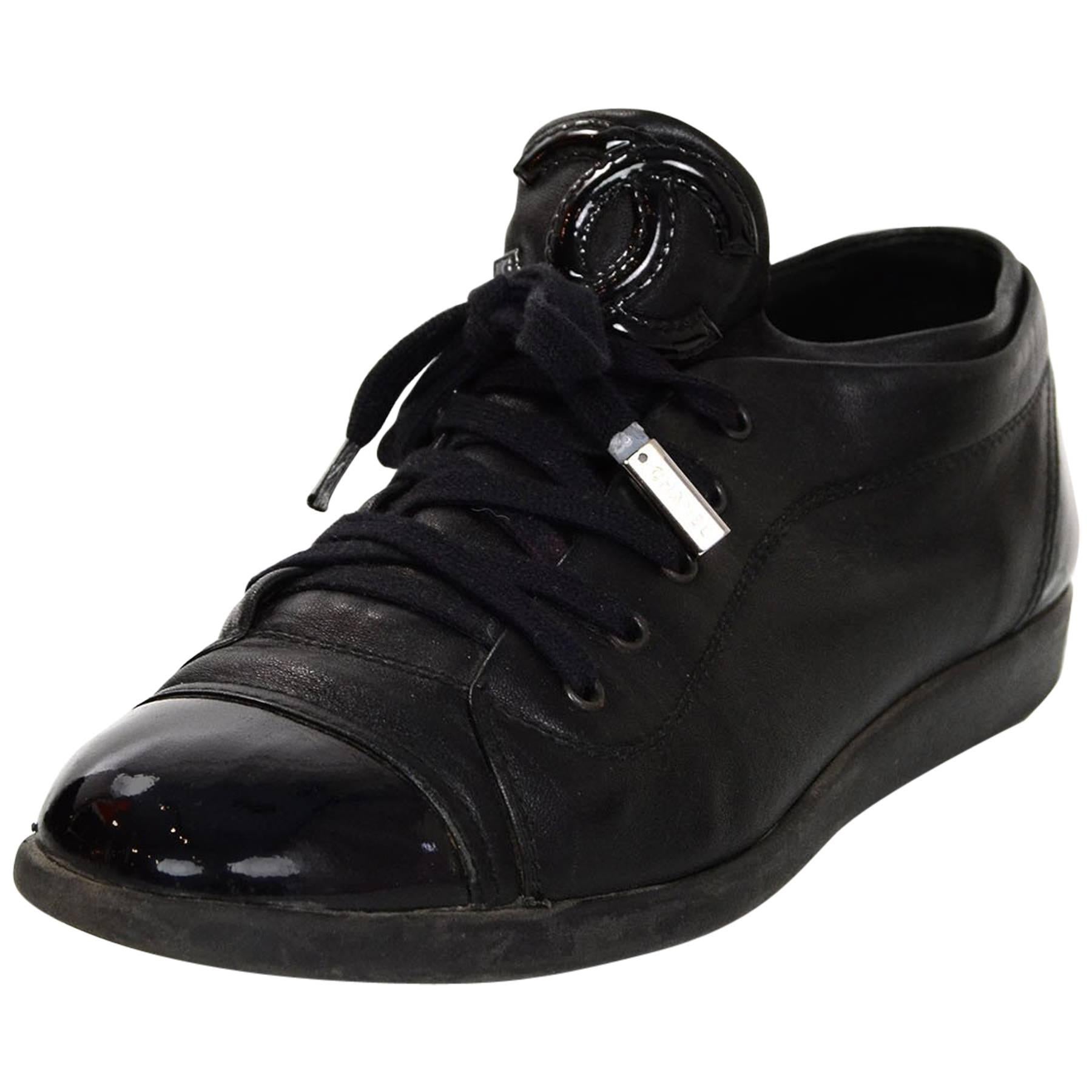 Chanel Black Leather CC Sneakers sz 38 w/DB