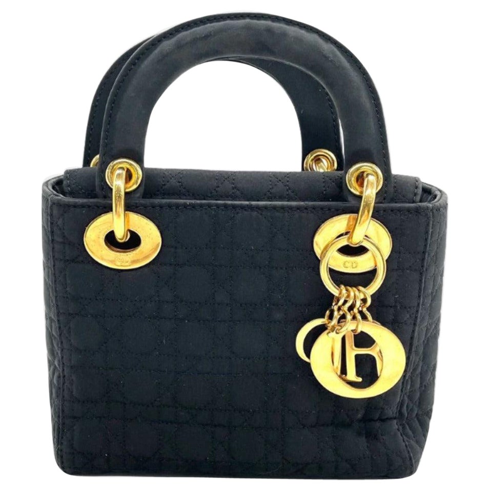 Lady Dior Vintage Schwarzer Mini-Stoff mit gelbgoldenenen Beschlägen, Vintage im Angebot