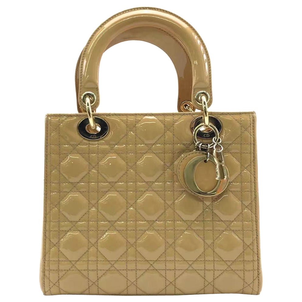 Lady Dior Medium Beige Patent Leather with Silver-tone Hardware For Sale