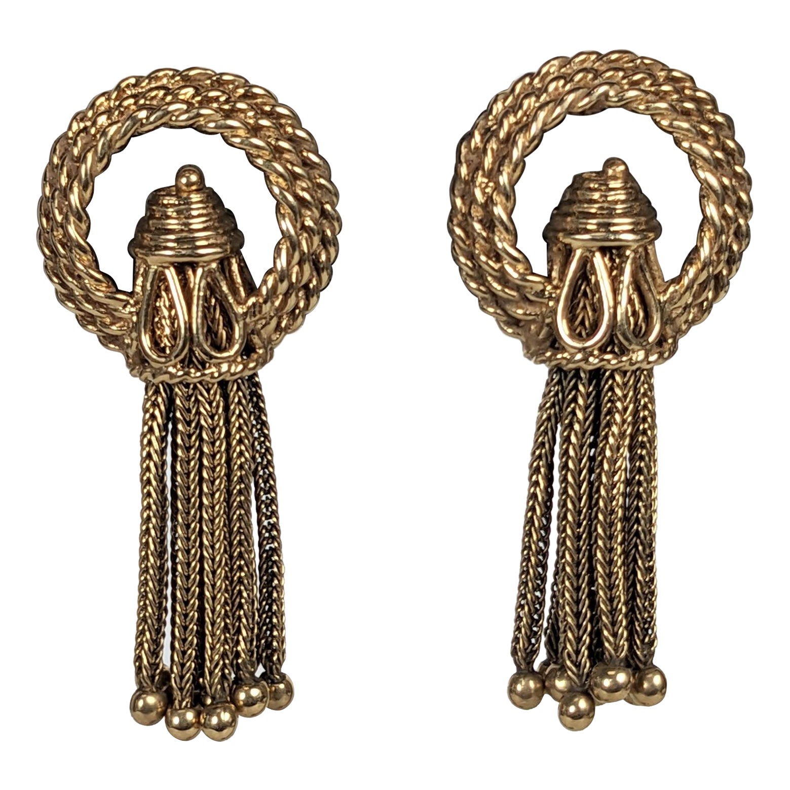 Mid Century 14K Rope Tassel Earrings For Sale