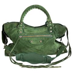 Balenciaga Shoulder Bag - Green Suede Zipper Stud Fringe Tassel City Handbag