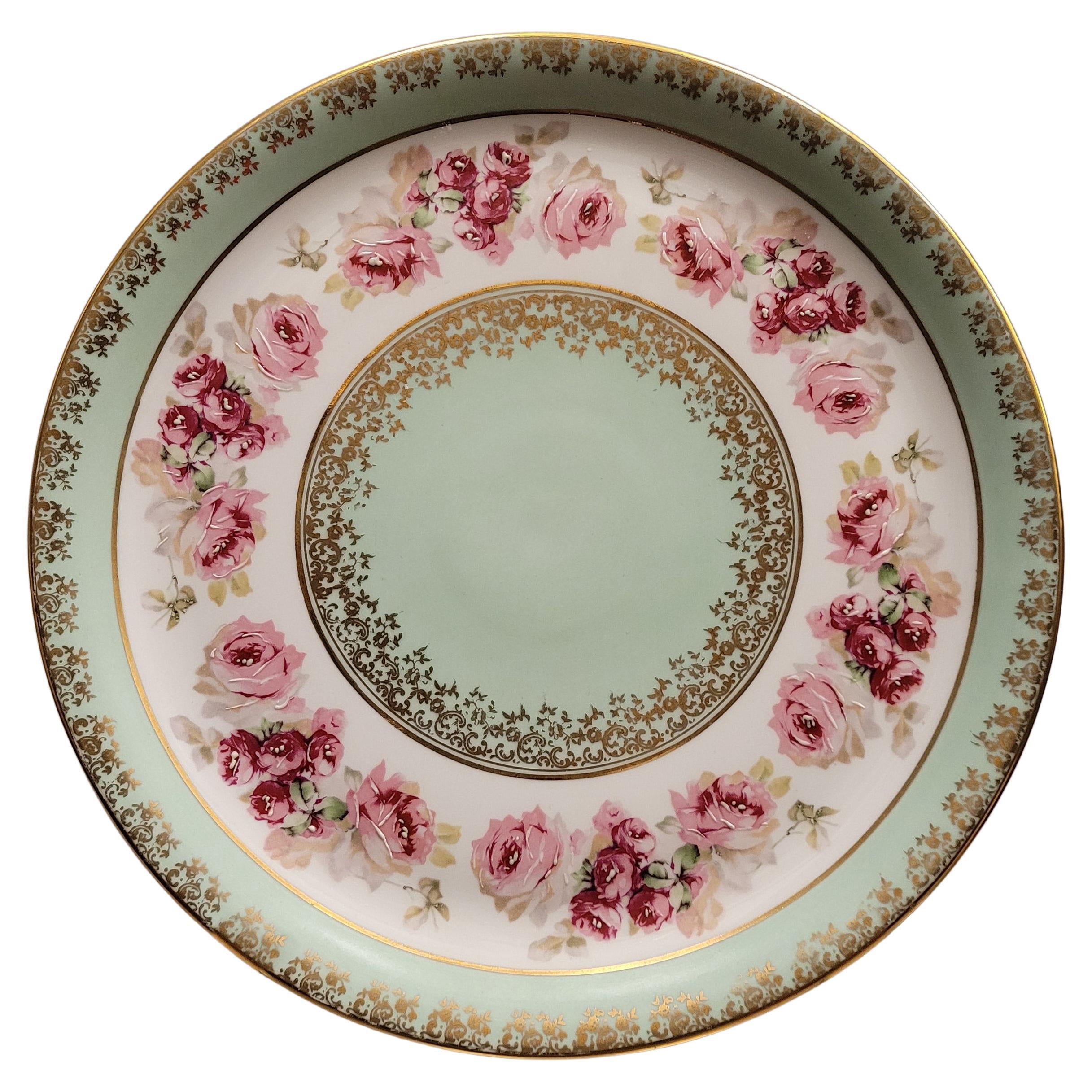 French Limoges porcelain  Cake plate, mint green and pink handpainted For Sale