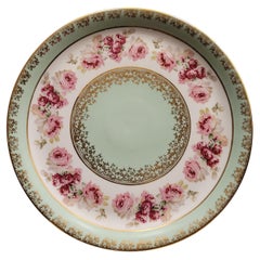Französisches Limoges-Porzellan  Cake-Teller, mintgrün und rosa handbemalt