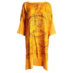 UNWORN Hermès Paris Orange Printed Silk Twill & Linen Kaftan Caftan Dress OS