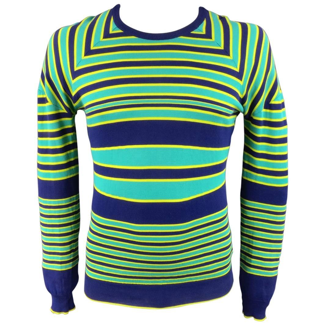 JIL SANDER Sweater - Smalll Seafoam Green Yellow & Navy Striped Cotton Pullover