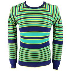 JIL SANDER Sweater - Smalll Seafoam Green Yellow & Navy Striped Cotton Pullover