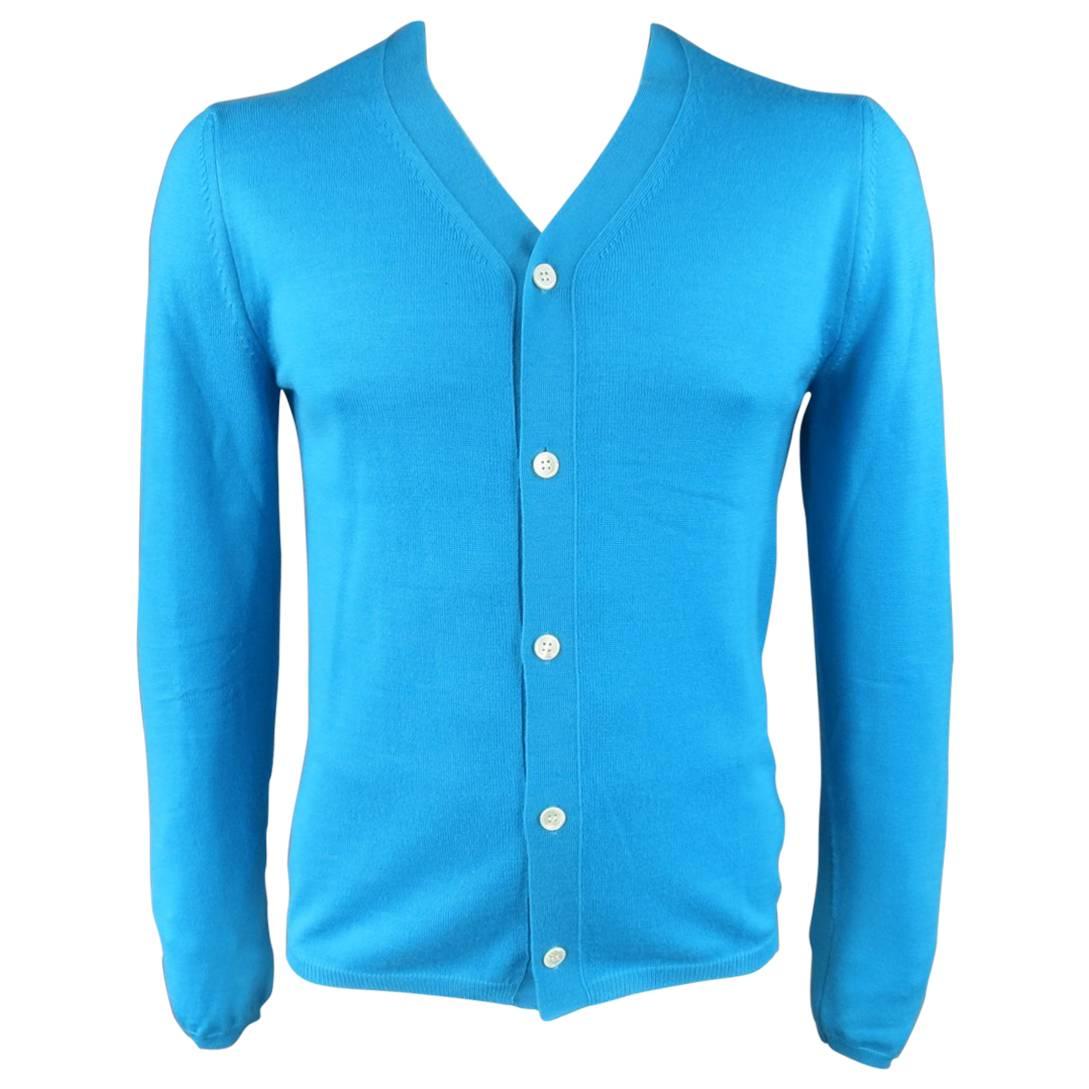 Comme des Garçons Men's Shirt Aqua Blue Wool V Neck Cardigan