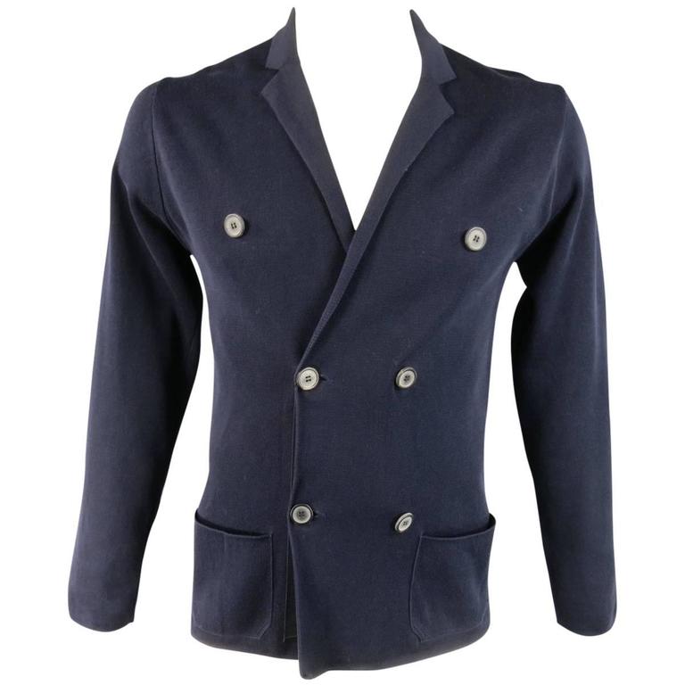 Men's LANVIN Jacket 42 Navy Cotton Double Breasted Knit Cardigan at