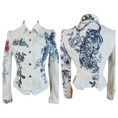 Vintage S/S 2003 Roberto Cavalli Tattoo Print Roses Tiger Floral Denim Jacket