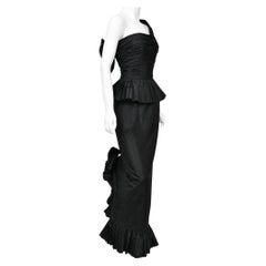 Vintage 1986 Chanel Documented Runway Black Pleated Silk One-Shoulder Hourglass Gown