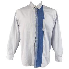 Men's COMME des GARCONS Size L Navy & White Striped Cotton Denim Panel Shirt