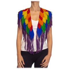 MORPHEW COLLECTION Parrot Rainbow Suede Fringe Feather Leather Cape