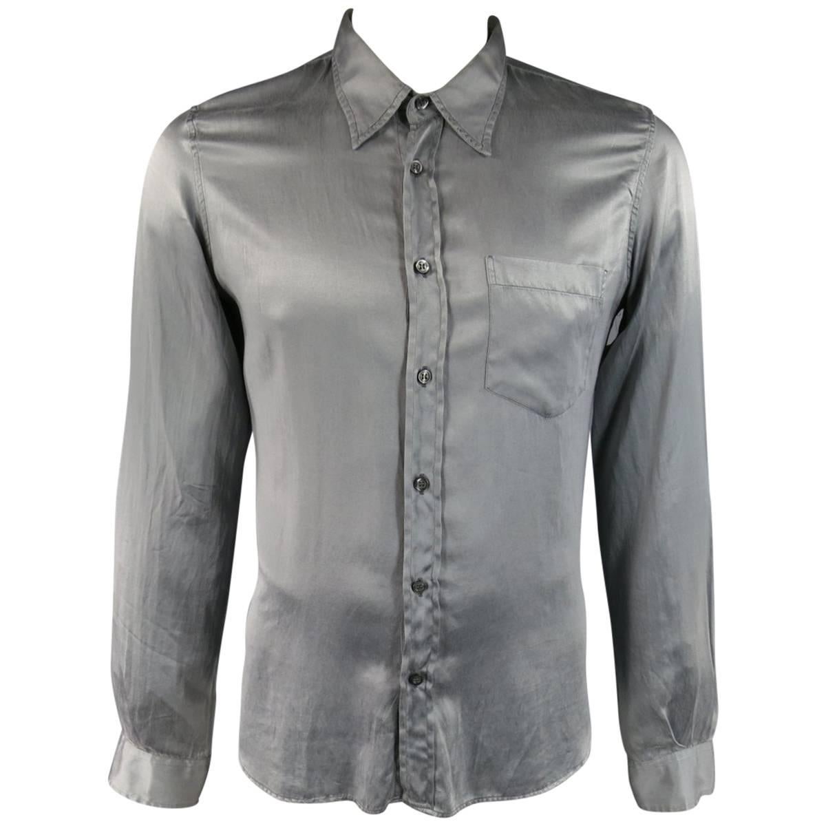 Men's NICOLO CESCHI BERRINI Shirt - Size L Grey Silk / Cotton Satin Long Sleeve