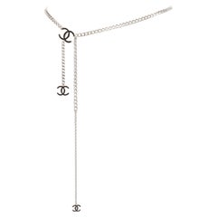 CHANEL 10V black CC silver chain 3 charms hanging chain waist belt