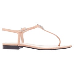 CHANEL 2005 Star strass crystal T strap flat nude leather thong sandals EU36.5