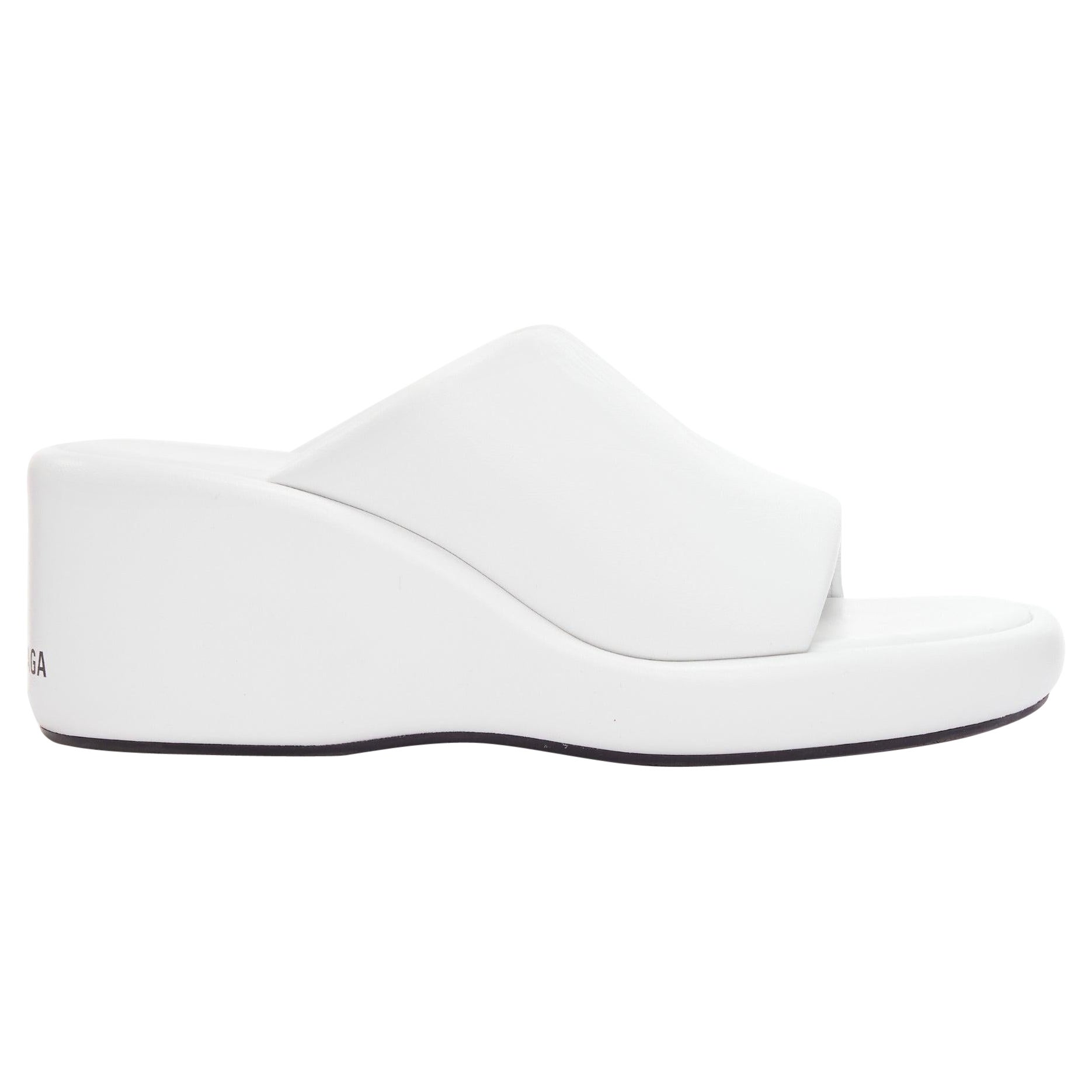 BALENCIAGA Rise white calf leather black logo padded wedged slides EU38 For Sale