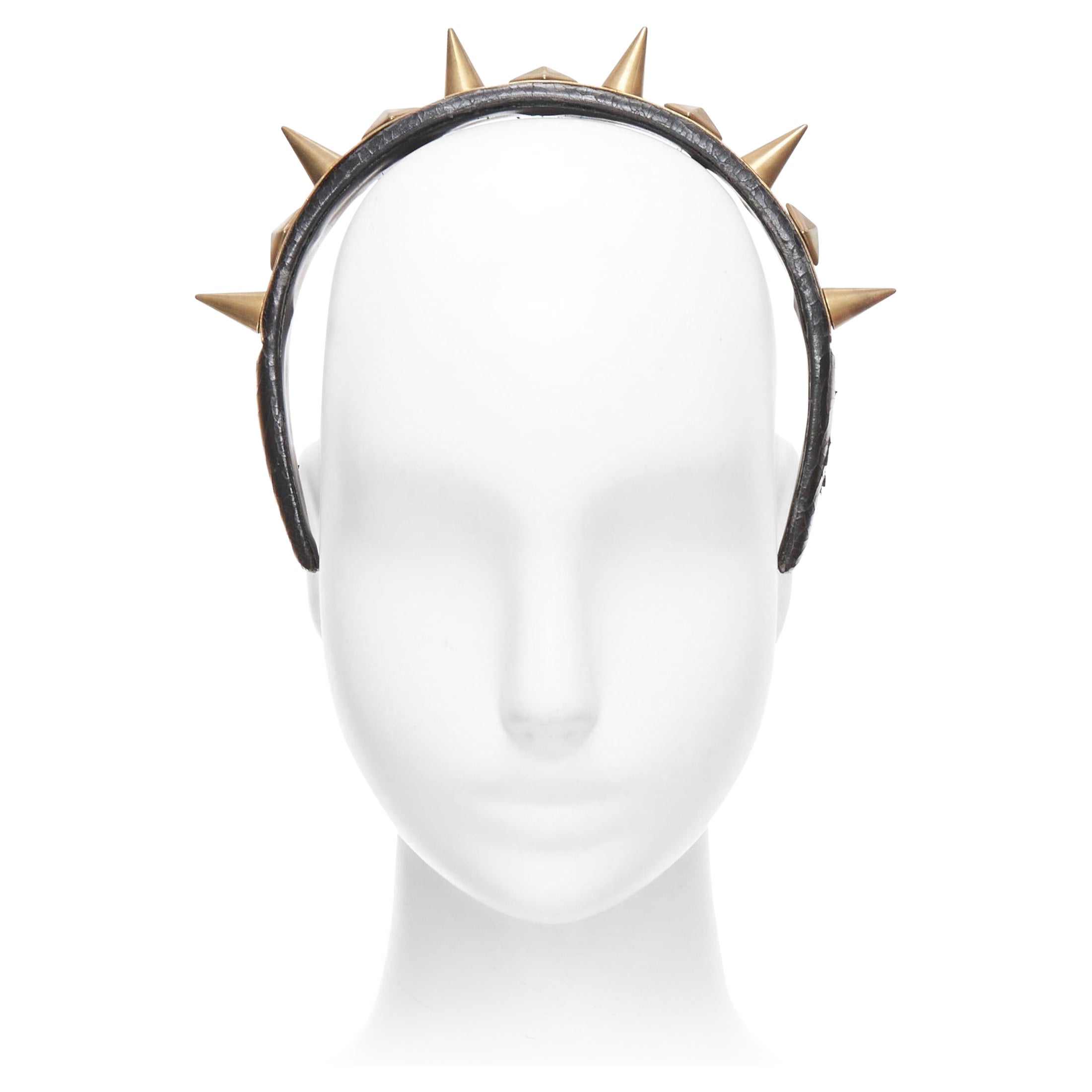 rare GIVENCHY Riccardo Tisci antique gold spike black leather headband For Sale