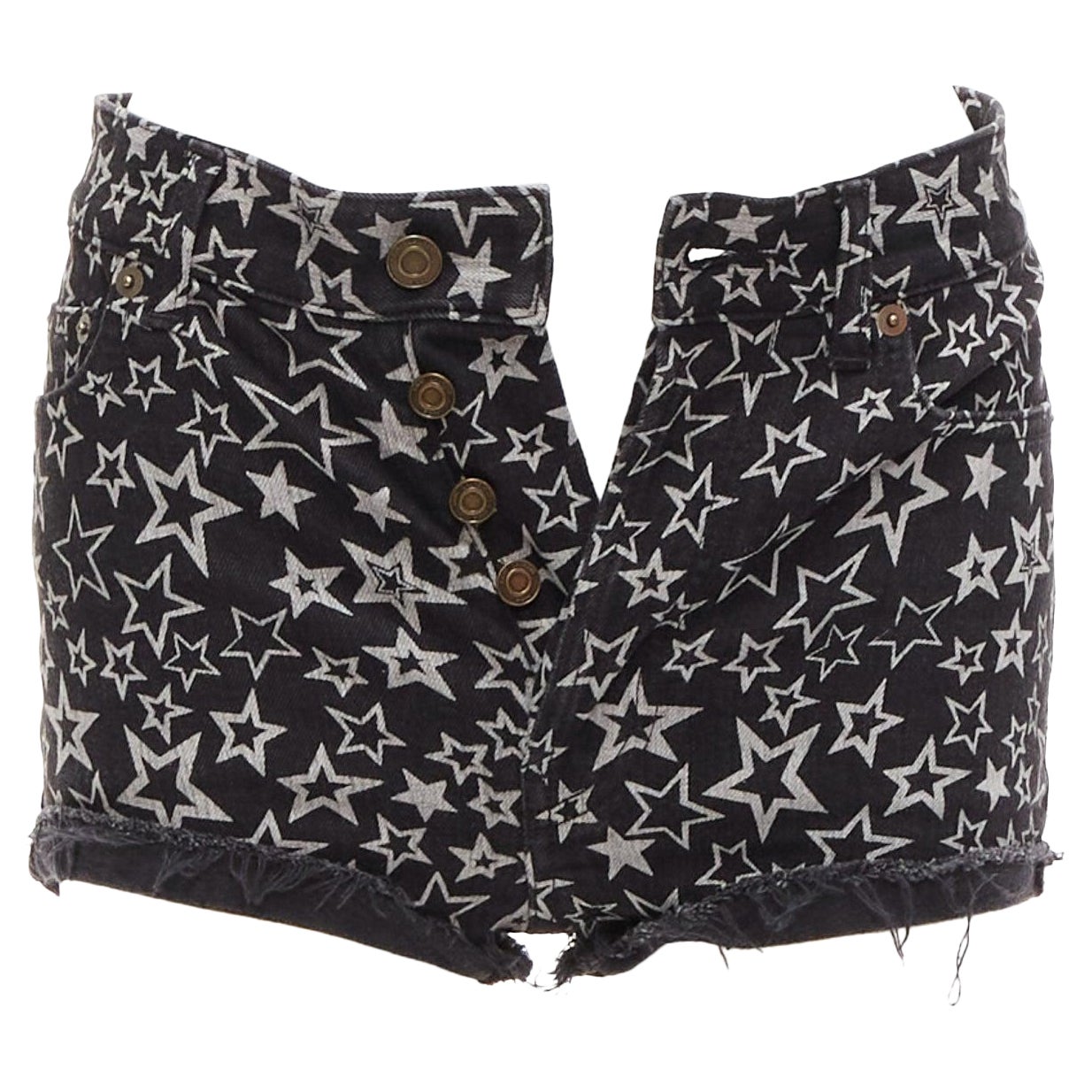 SAINT LAURENT 2015 black grey star print cotton denim mini hot shorts 24" For Sale