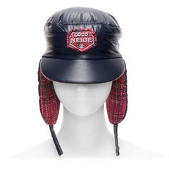 rare CHANEL 2018 Coco Neige wool tweed lined navy nylon CC logo trapper hat S