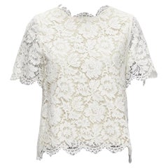 VALENTINO white lace nude overlay scallop cuff hem boxy crop top