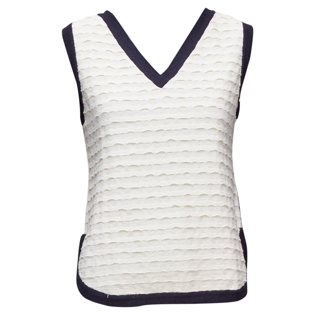 CHANEL cream cotton blend navy towelling trim CC logo knitted vest FR38 M For Sale