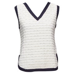 CHANEL cream cotton blend navy towelling trim CC logo knitted vest FR38 M