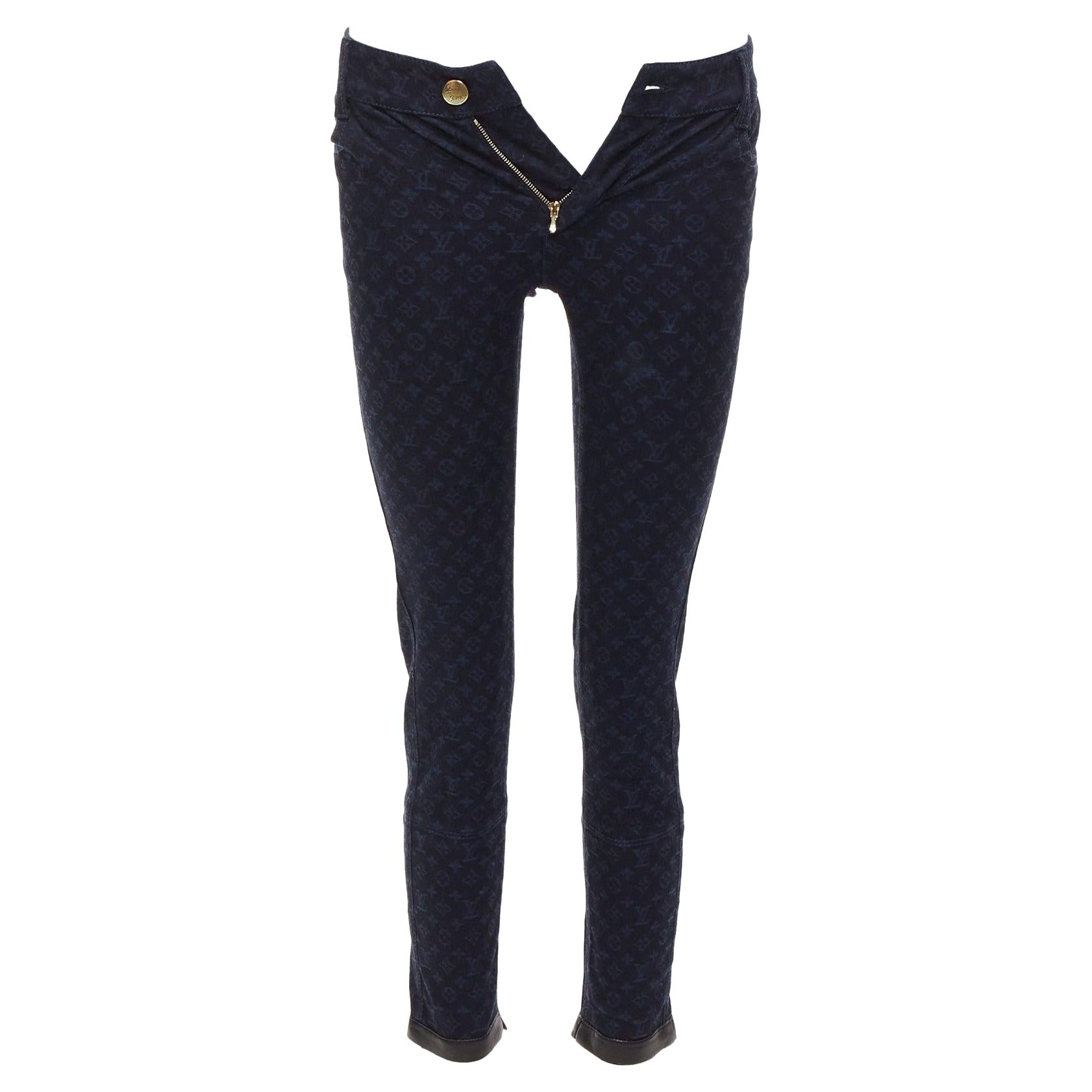 LOUIS VUITTON dark blue LV monogram black leather trim skinny jeans FR34 XS For Sale