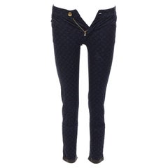 LOUIS VUITTON dark blue LV monogram black leather trim skinny jeans FR34 XS