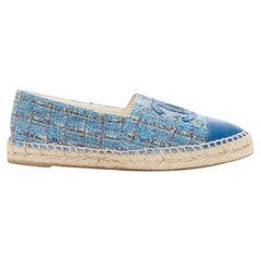 CHANEL blue tweed CC logo leather toe cap espadrille shoes EU40